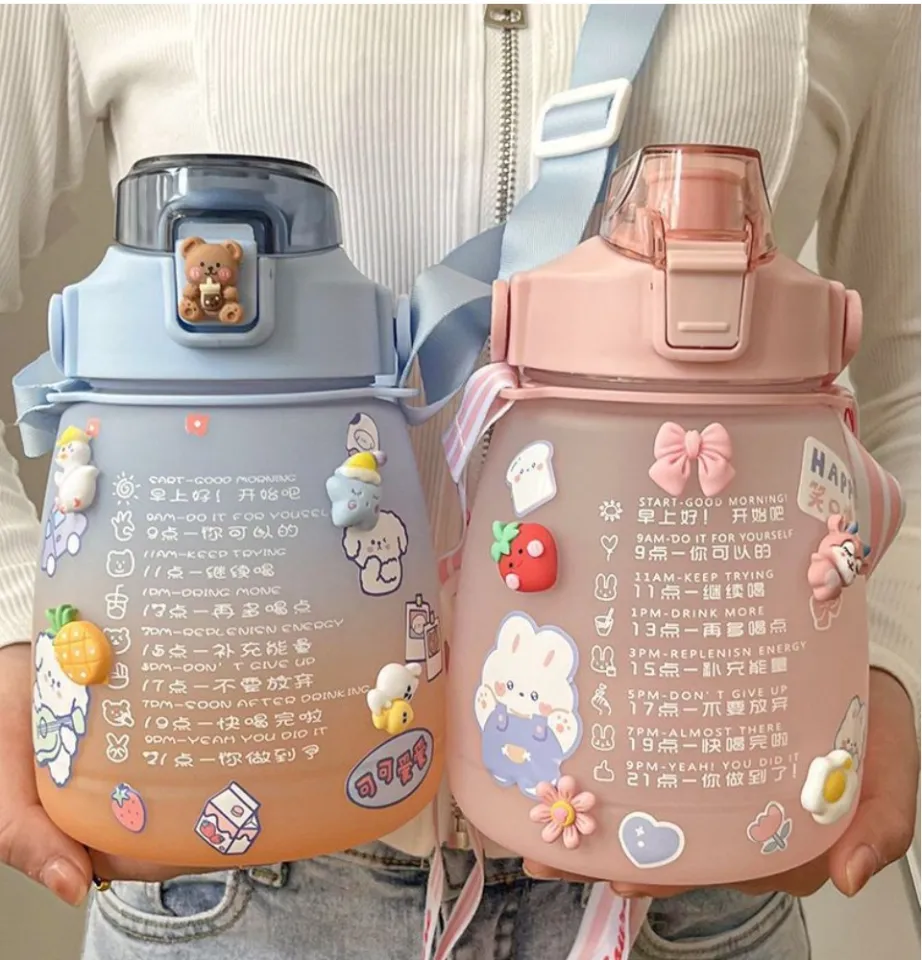 1300ml Drinking Water Bottle with Stickers Straw Cute Big Belly