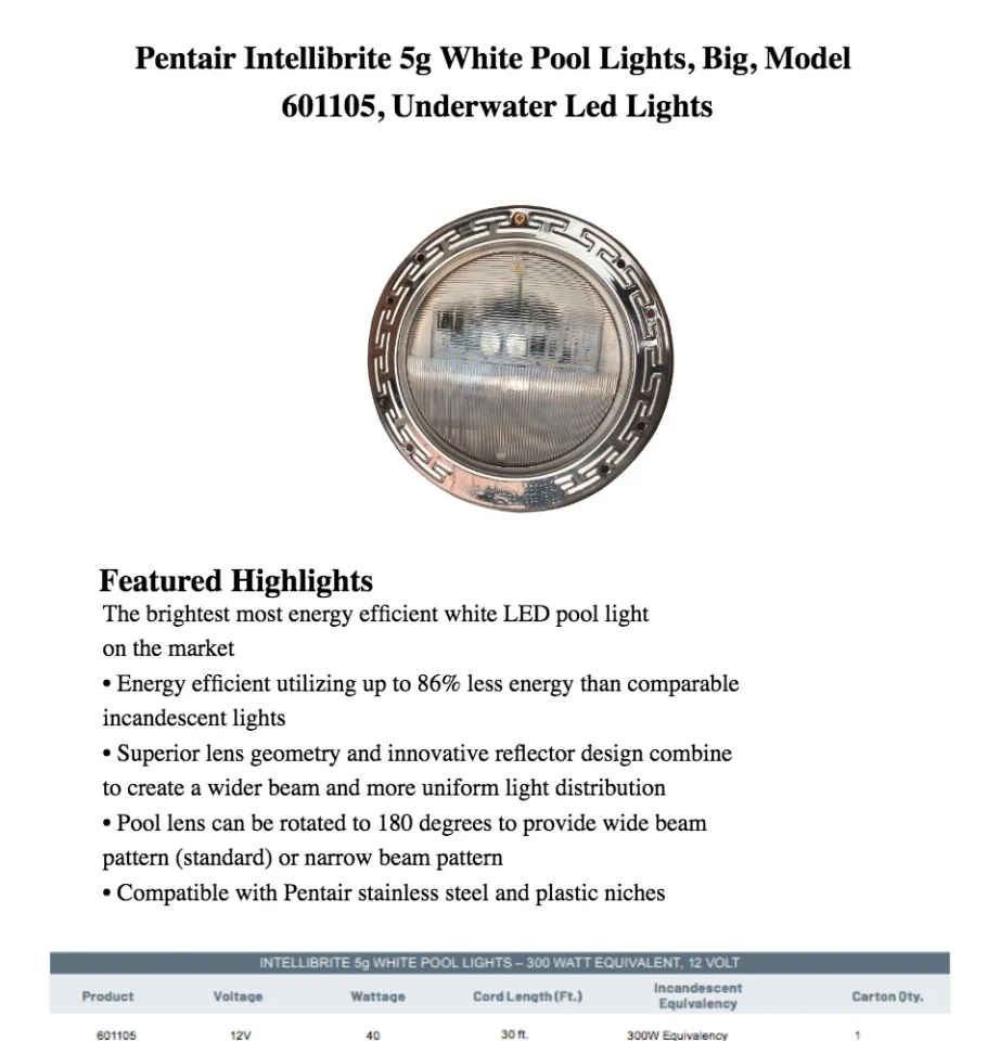 Pentair Intellibrite 5g White Pool Light For Inground Pools Shelly