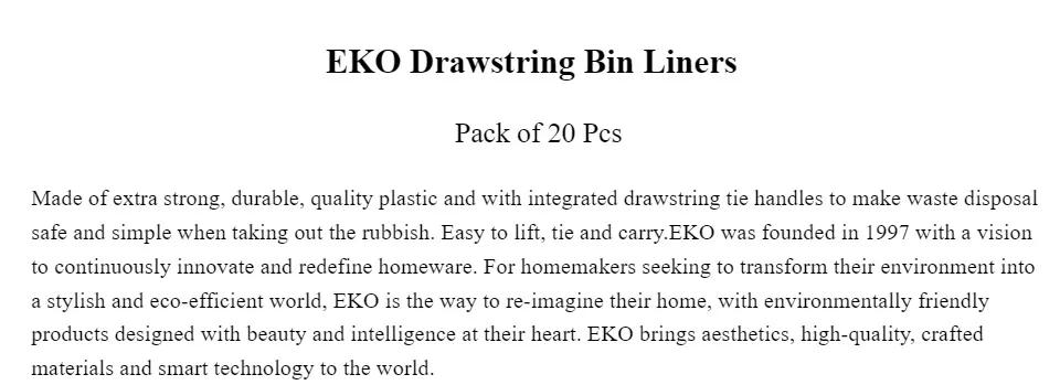 EKO Size F Bin Liners For Kitchen Bins - 40-60 Litre Capacity - Extra  Strong Bags with Drawstring Tie Handles - 12 Bags,White