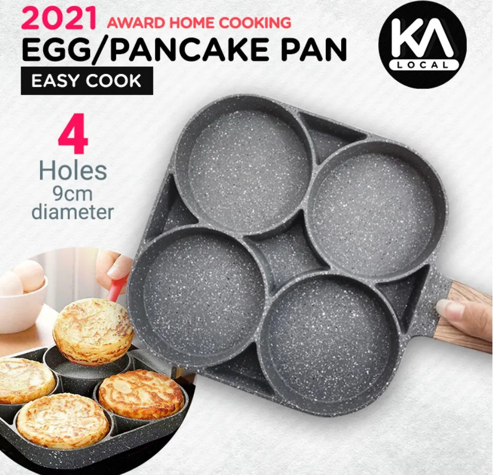 4-hole Non-stick Frying Pot Aluminum Omelet Pan For Burger Eggs Ham Pancake  Breakfast Maker Kitchen Cookware Wooden Handle Pan