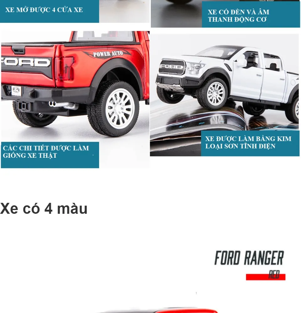 Mô hình xe ô tô Ford Ranger tỉ lệ 1:32 xe bằng hợp kim có đèn và âm thanh  mở được cửa xe 