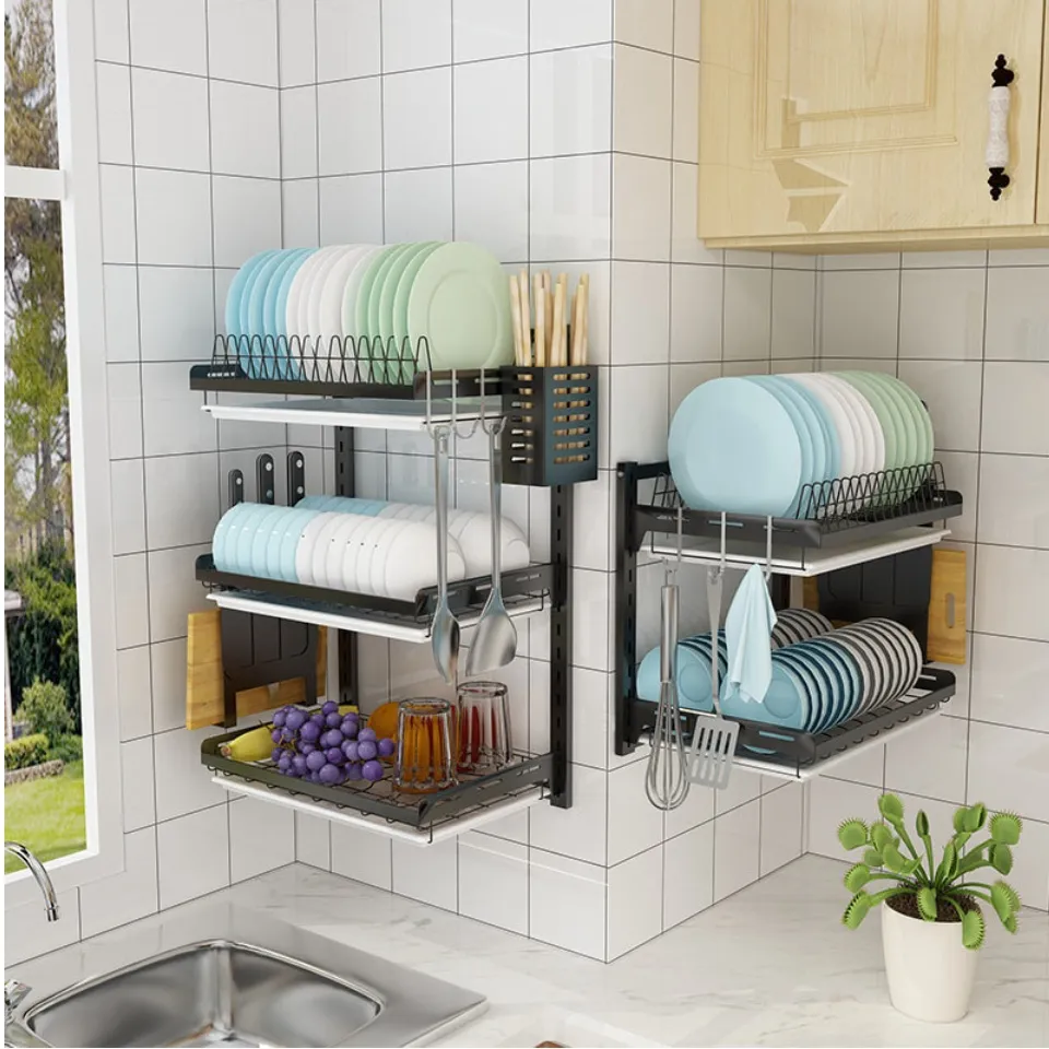 Hanging Dish Drying Rack Wall Mount Dish Drainer,3 Tier Yodudm Kitchen  Plate Bowl Spice Organizer Storage Shelf Holder with Drain Tray with 3  Hooks,Stainless Steel Black Coating (3 Tier, 21.8) 