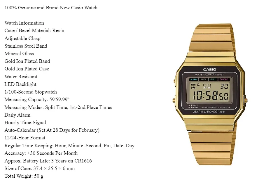 Casio Digital Gold Ion Plated Stainless Steel Band Watch A700WG-9A