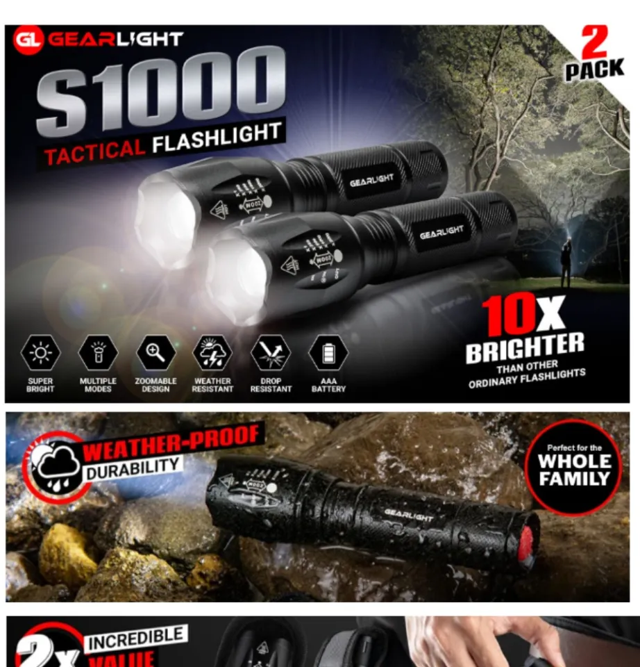 GearLight LED Flashlight Pack -2 Bright, Zoomable Tactical Flashlights with High  Lumens and Modes for Emergency and Outdoor Use -Camping Accessories -S1000  Lazada PH