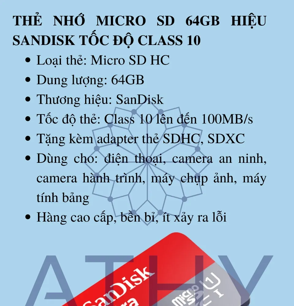 THẺ NHỚ MICRO SD HC 64GB CLASS 10 SANDISK dùng cho điện thoại máy ...