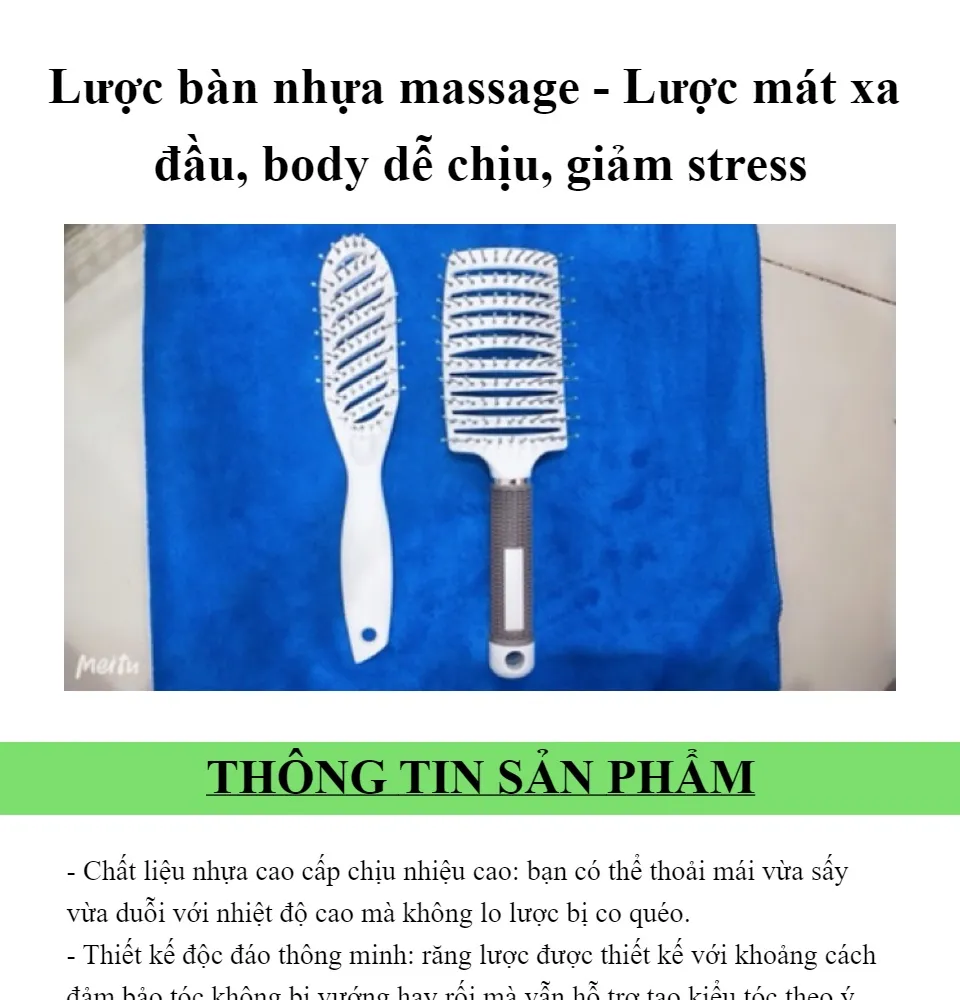 Bạn muốn tóc được chăm sóc tốt hơn? Hãy trải nghiệm cảm giác thư thái mỗi khi tạo dáng tóc với lược nhựa mát xa cực kì tiện dụng. Chúng tôi đảm bảo sản phẩm sẽ mang lại sự khác biệt cho mái tóc của bạn. Hãy xem hình ảnh liên quan để hiểu rõ hơn về sản phẩm này.