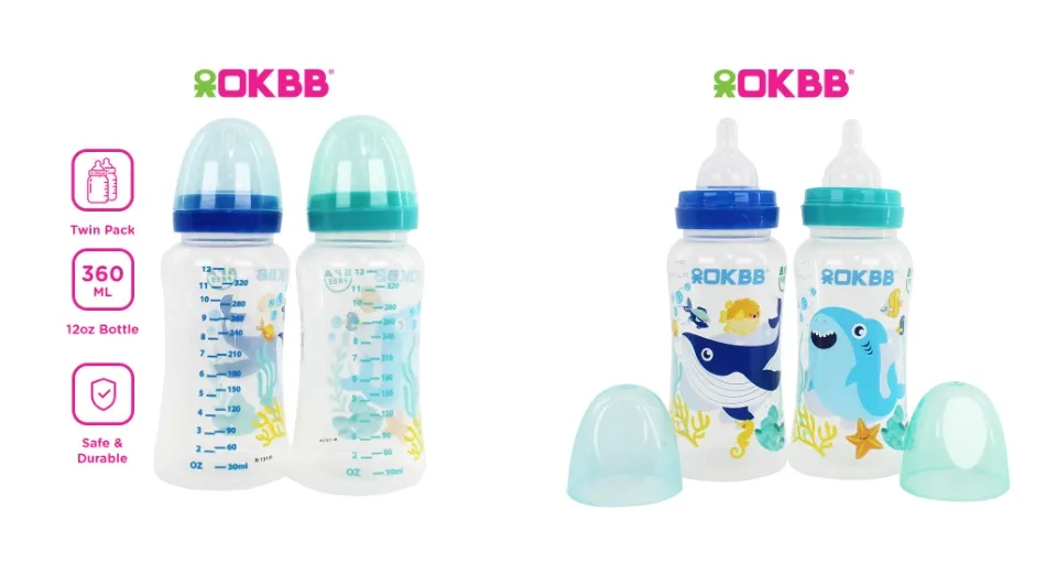 OKBB Twin Pack Baby Feeding Bottle Standard Neck Teats Feeding