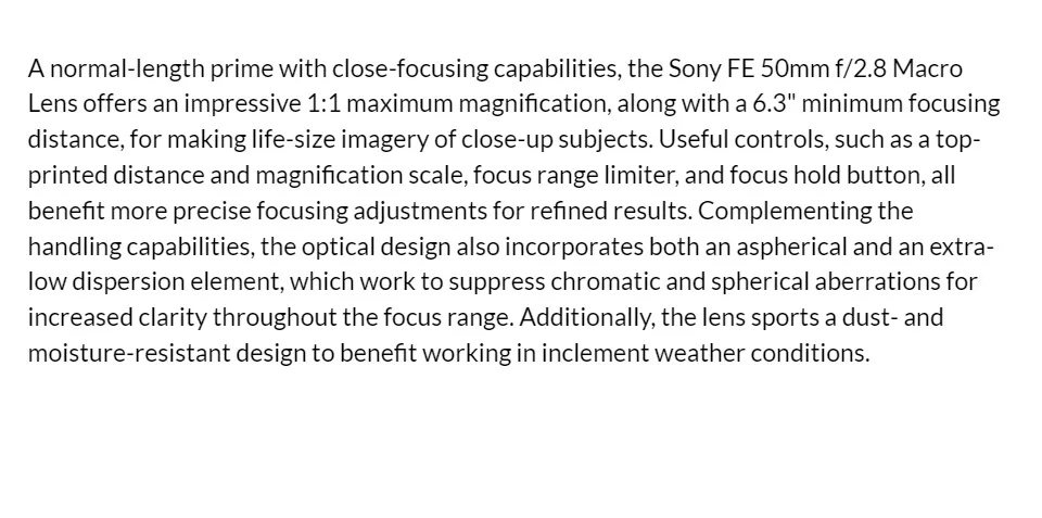 SEL FE 50F28 MACRO 50mm F2.8, 0.16 Sony minimum focus distance ...