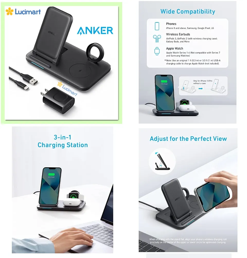 Đế sạc không dây Anker 3 trong 1 Foldable 3-in-1 Wireless Charging Station  with Adapter [Hàng Mỹ] 