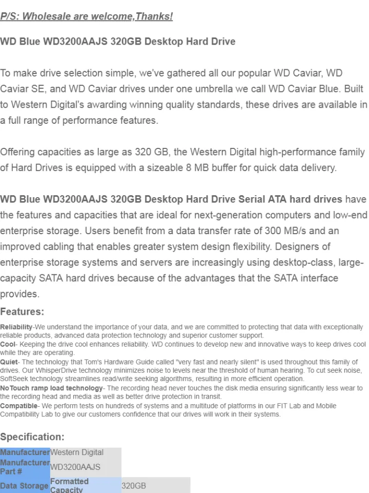 Western Digital WD Caviar Blue WD3200AAJS 320GB 8MB Cache 7200RPM