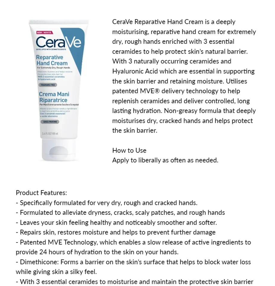 CeraVe Reparative Hand Cream 100ml - Moisturizing and Repair Skin Barrier