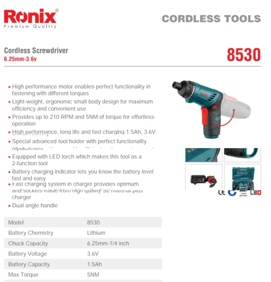 Ronix 8536, 3.6V 1.5Ah, Foldable Cordless Screwdriver