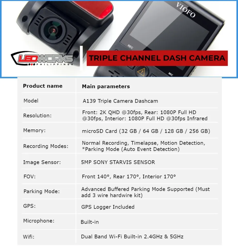 A139 3CH 3 Channel Dash Cam Front 2K 1440P + Interior 1080P + Rear
