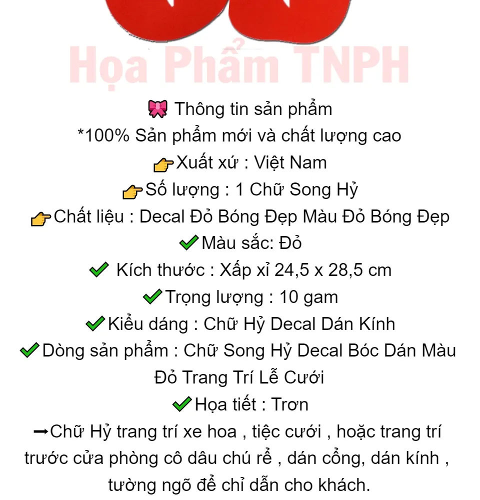 Chữ Song Hỷ Decal Đỏ Bóng Đẹp 24,5 x 28,5 cm Bóc Dán Tiện