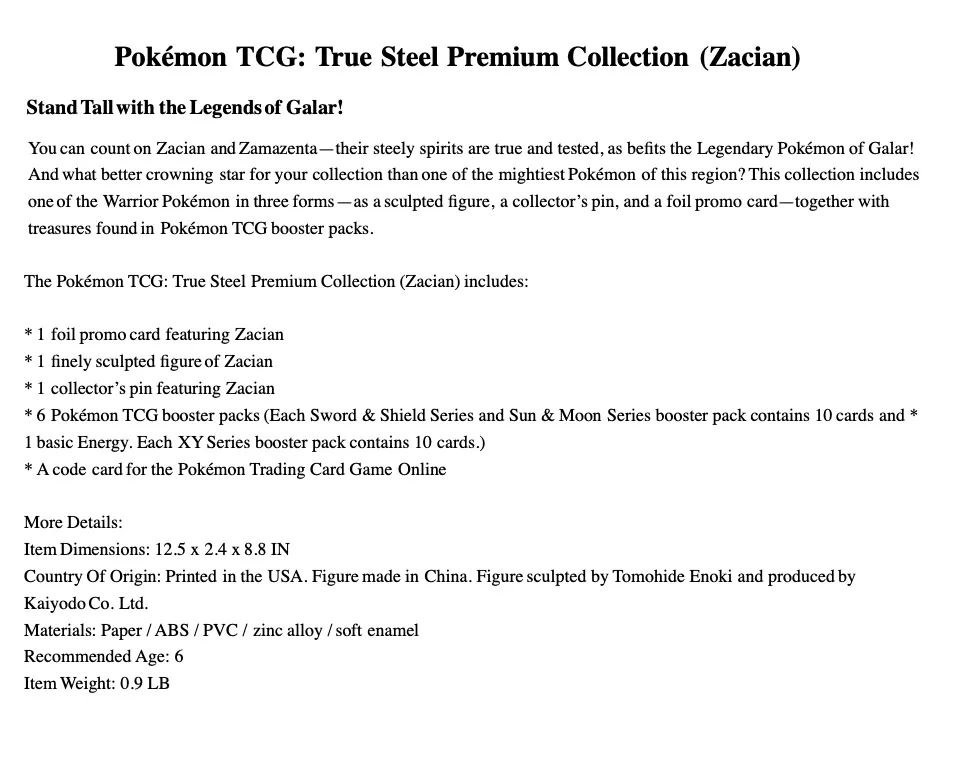 Pokémon TCG: True Steel Premium Collection- Featuring Zacian- Includes Foil  Card, Finey Sculpted Figure, Pin, and 6 Booster Packs 