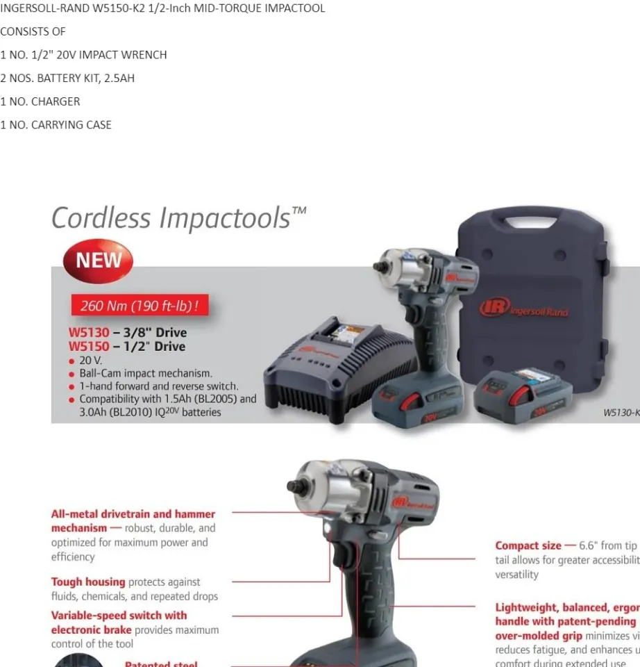 Ingersoll Rand W5150-K2 1/2-Inch MID-Torque Cordless Impactool