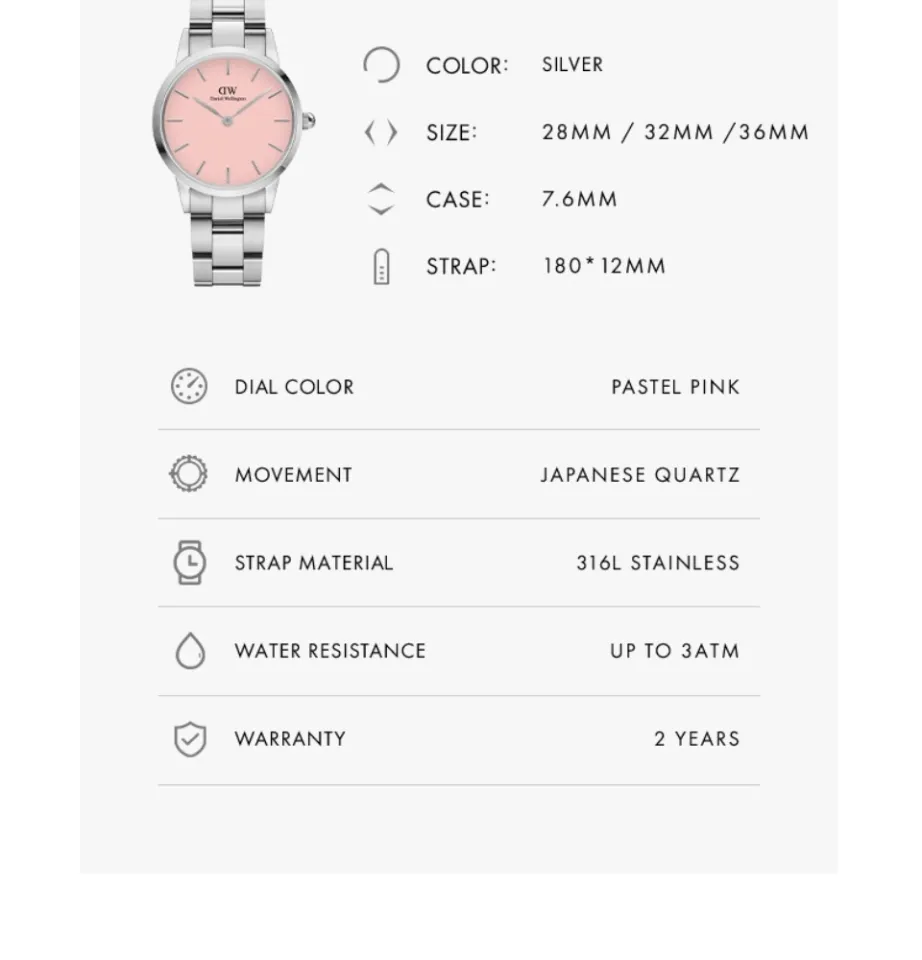 Daniel Wellington Iconic Link Blush 28/32/36mm Silver Pastel Pink