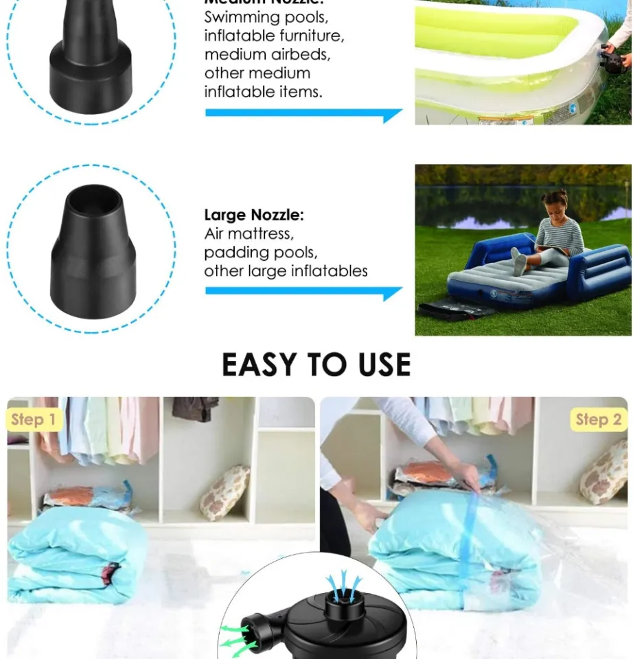 AGPTEK Electric Air Pump with 3 Nozzles, 110V AC12V DC, Portable Quick-Fill  Perfect InflatorDeflator Pumps for Outdoor Camping, Inflatable Cushions