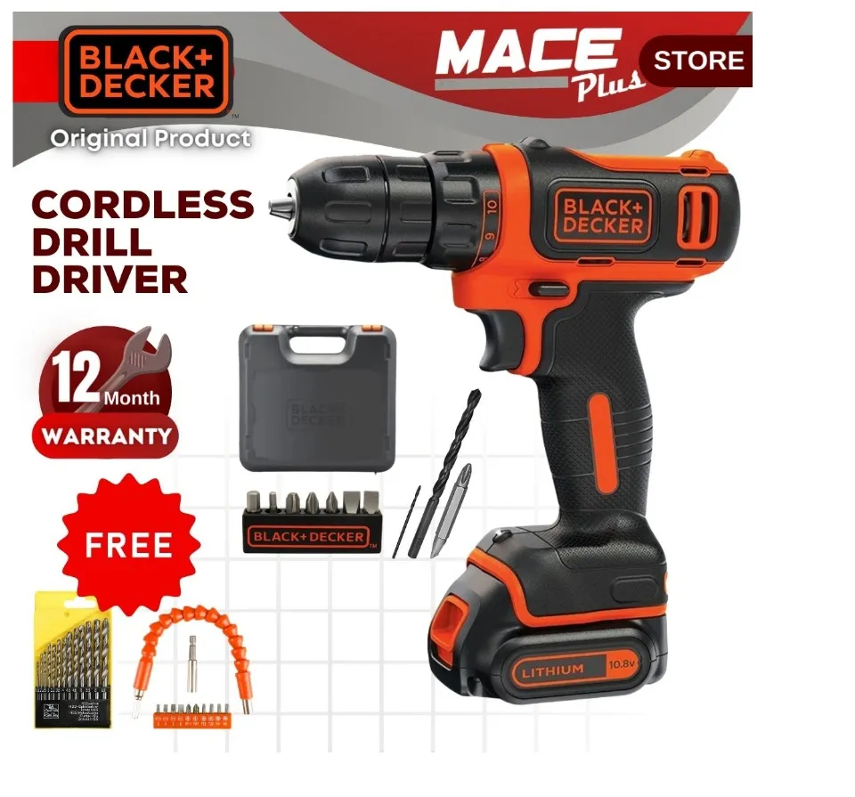 BLACK + DECKER BDCDD12K Cordless Drill Driver + FOC Flexible Shaft Set +  13pcs Drill Bit