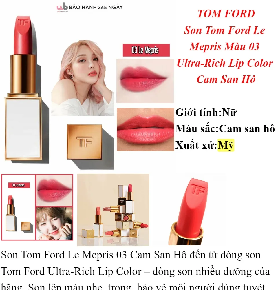 Son Tom Ford Màu 03,Vỏ Trắng,Le Mepris,Màu Cam San Hô,Son Lên Màu