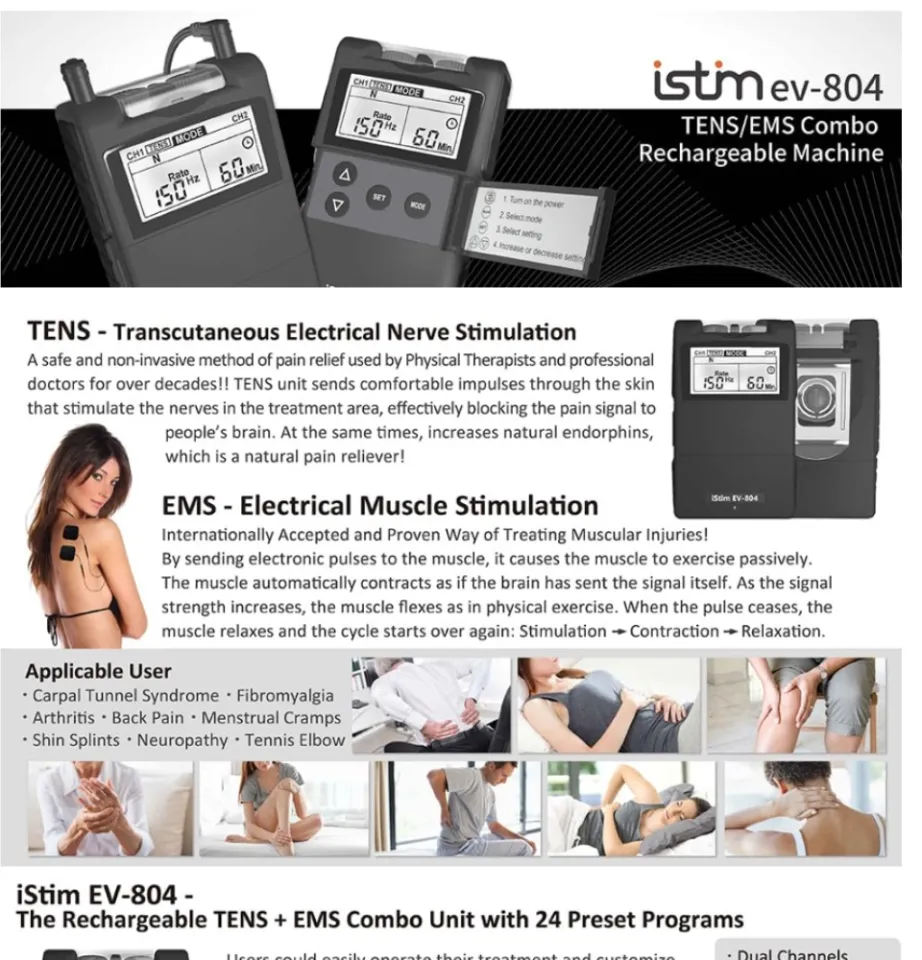 iStim EV-804 TENS/EMS 2 Channel Rechargeable Combo Machine Unit