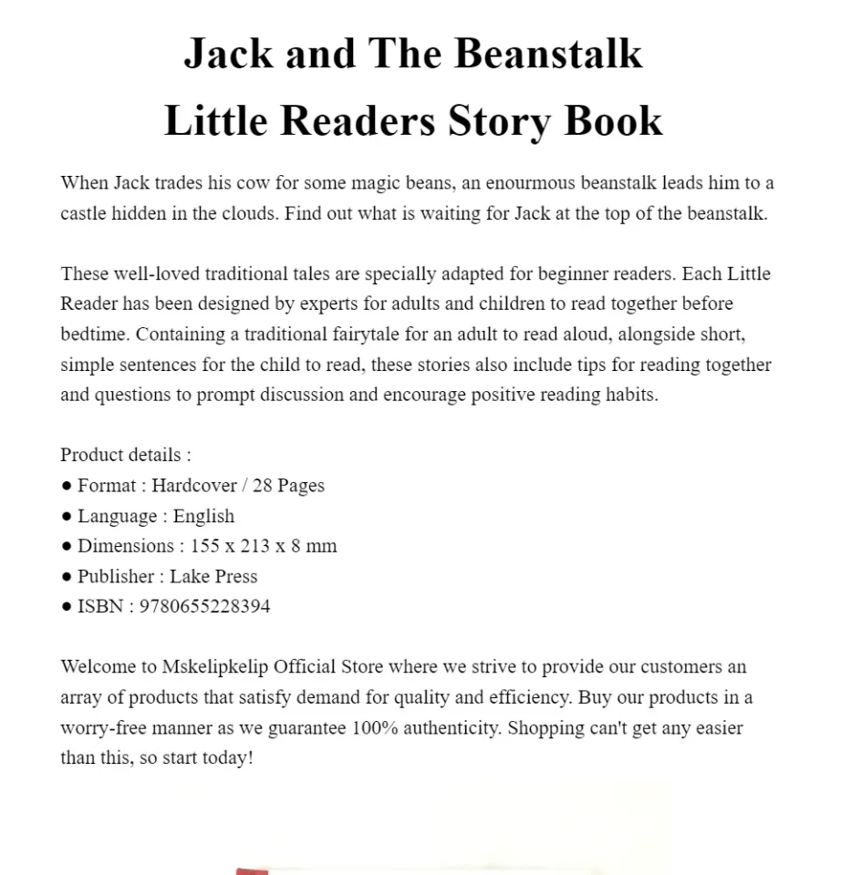 Jack　Read　Story　for　Little　Kids　to　Readers　and　Lazada　to　Book　The　Hardcover　Beanstalk　Learn