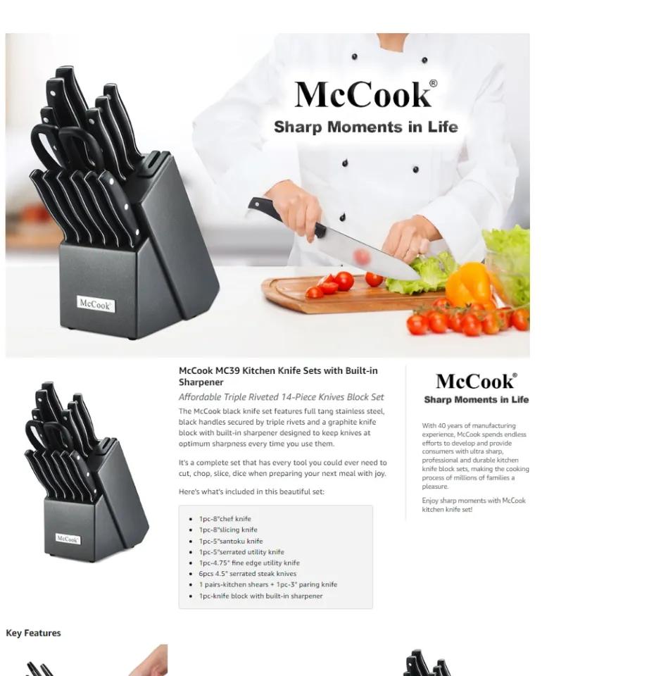  McCook MC39 14 Pieces Full Tang Triple Rivet Kitchen Knife  Block Set with Built-in Sharpener and Kitchen Scissor, Black: Home & Kitchen