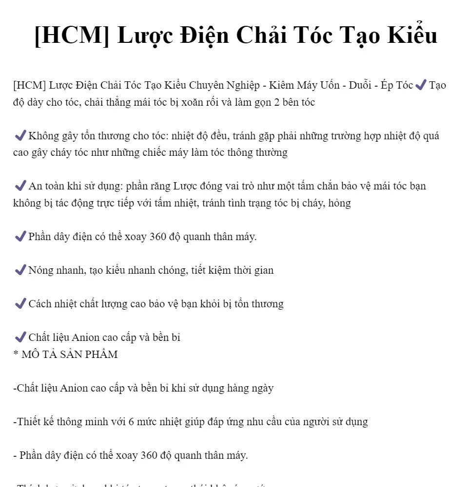 Lược Điện Chải Tóc: Lược điện chải tóc là sản phẩm không thể thiếu trong bộ sưu tập làm đẹp của bạn. Sử dụng lược điện, bạn sẽ có thể chải tóc cực kỳ dễ dàng và nhanh chóng, đồng thời giúp tóc bạn mềm mượt và óng ả hơn. Hãy để tóc bạn trở nên ấn tượng với lược điện chải tóc nhé.