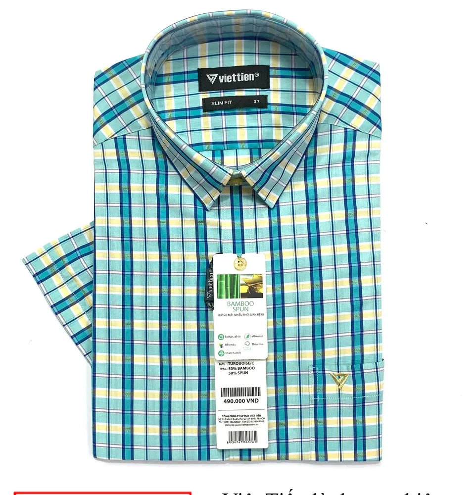 Viettien - Áo Sơ Mi Nam Ngắn Tay Xẻ Tà Lai Ngang 8N3631 Ca Rô Phom Slim Fit  May Ôm Dành Cho Giới Trẻ Hoặc Trung Niên Thích Phong Cách Trẻ |