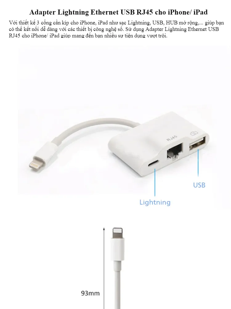 Adapter Lightning Ethernet cổng Lan RJ45 và Hub USB (kết nối bàn phím rời  và OTG ) cho iPhone/ iPad 