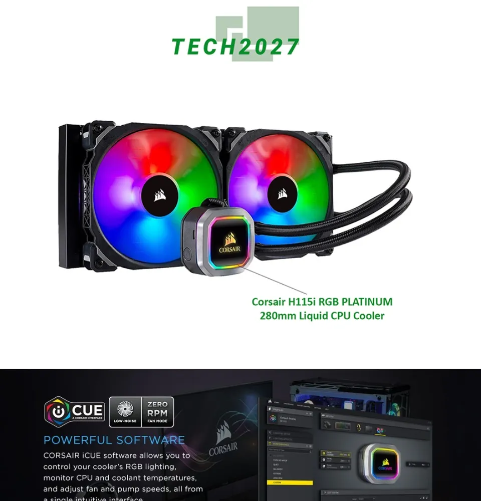 CORSAIR Hydro Series, H115i RGB PLATINUM, 280mm, 2 x ML PRO 140mm PWM Fans, Advanced RGB & Fan Control w/ Software, Liquid CPU Cooler. CW-9060038-WW. Support: Intel 2066, AMD AM4,
