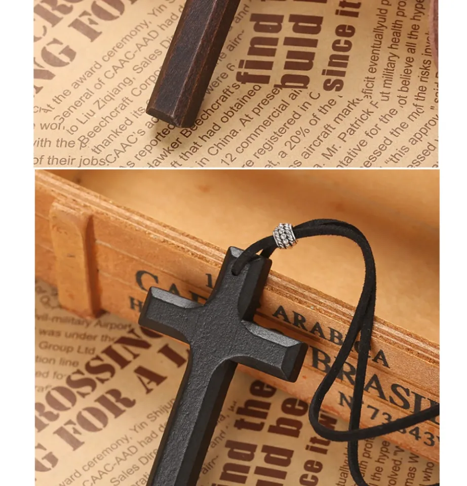 สร้อยคอ พร้อมจี้ ไม้ กางเขนไม้ Wooden Cross Necklace On Leather Cord For Men  Pendant In Black Brown Tone Jesus Christ Lord Prayer Jewelry