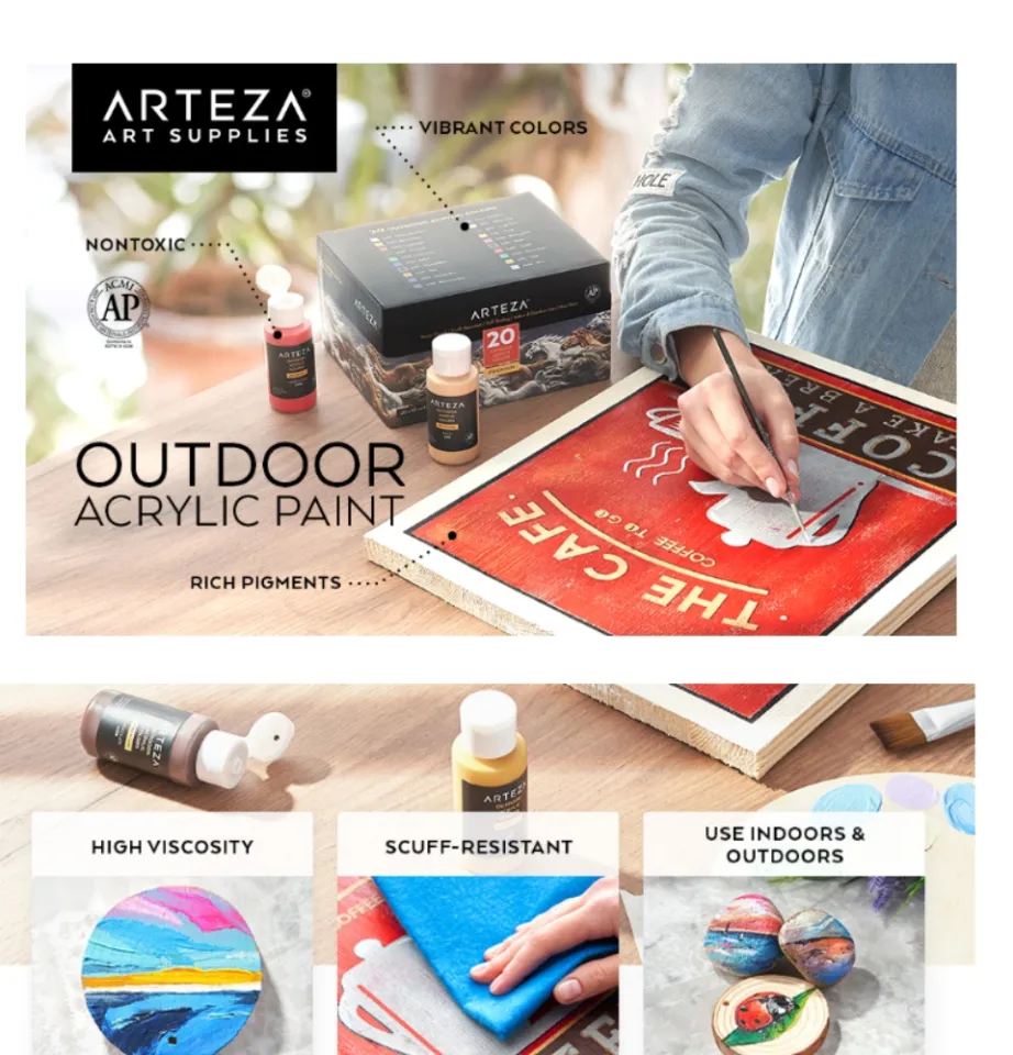 Arteza arteza outdoor acrylic paint, set of 20 colors/bottles 2 oz./59 ml.  rich pigment multi-surface craft paints, art supplies for