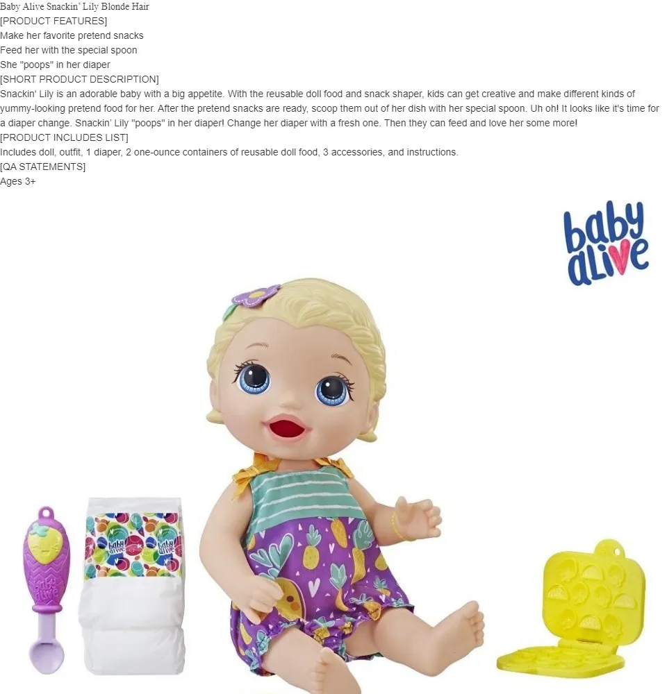 Baby Alive Snackin' Lily Blonde Hair Baby Doll for Girl Feed Poop Make a  Food | Lazada