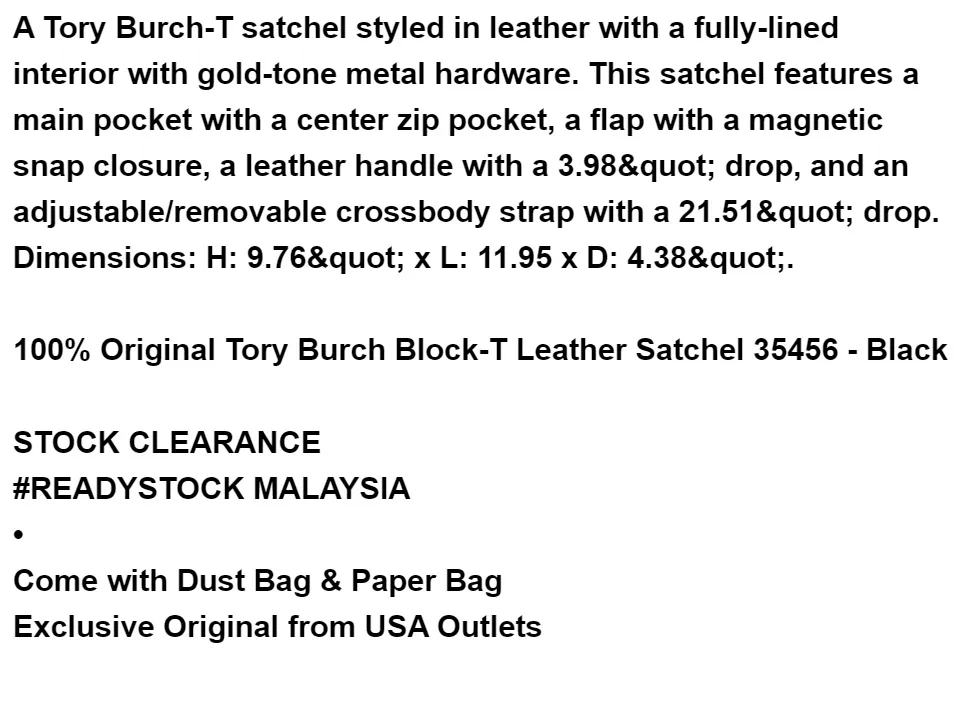 Luxuco] Free Shipping 100% Original Tory Burch Block-T Leather Satchel 35456  - Black Women Handbag Slingbag Crossbody | Lazada
