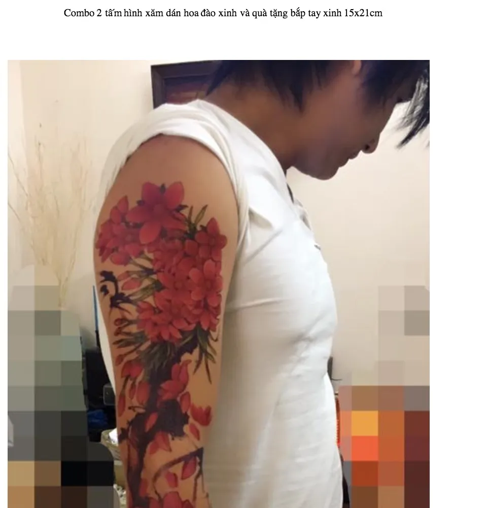 HCM]Combo 2 tấm hình xăm dán tattoo kín tay cành hoa đào màu đỏ ...