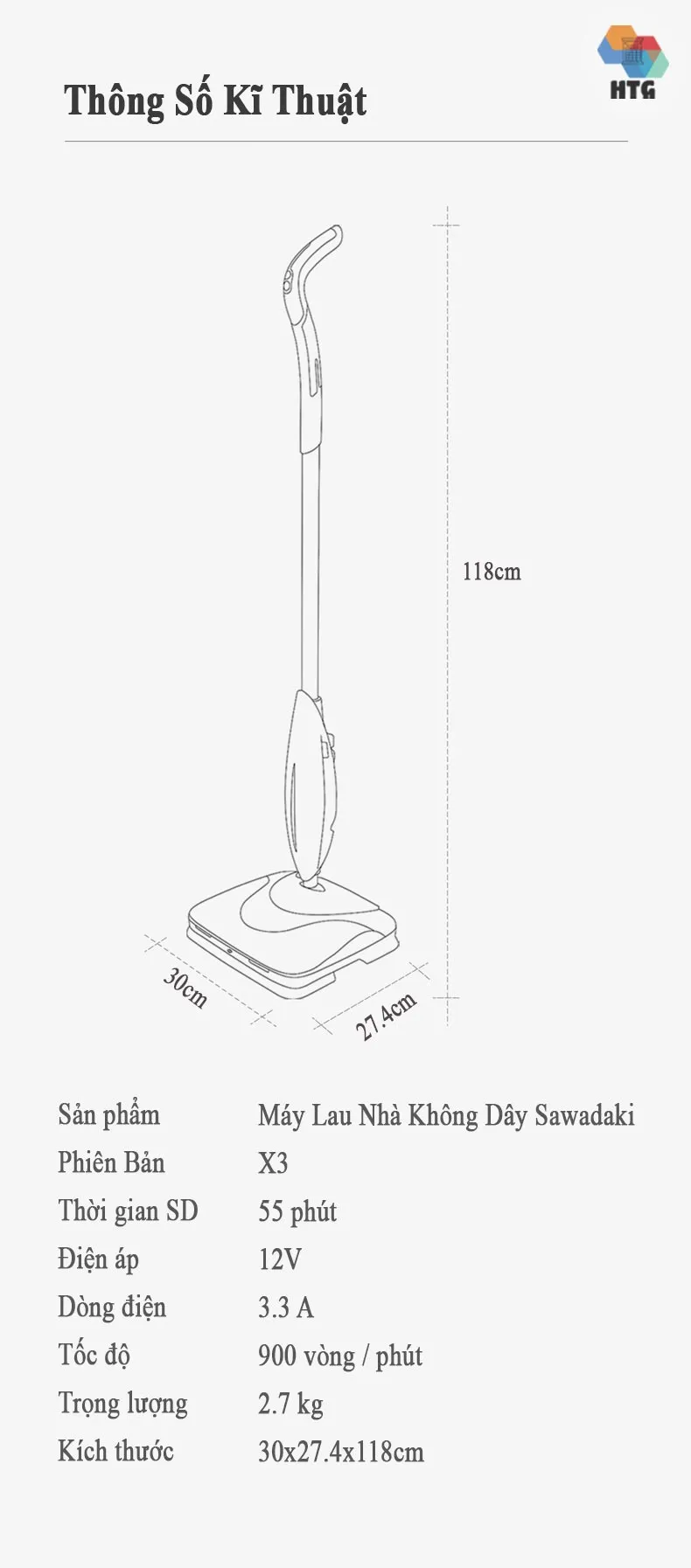 thông số kĩ thuật của máy lau nhà cầm tay không dây sawadaki x3 chính hãng