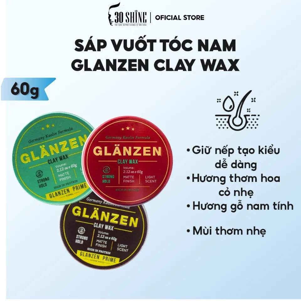 Glanzen Clay Wax - một trong những sản phẩm sáp vuốt tóc nam được yêu thích nhất hiện nay! Khám phá hình ảnh của sản phẩm này để biết Thành phần tự nhiên như đất sét và sừng tê giác giúp tóc không bị hư tổn khi sử dụng. Điểm cộng nữa, bạn có thể tạo kiểu tóc tuỳ ý với độ chắc nếp từ trung bình đến cao.