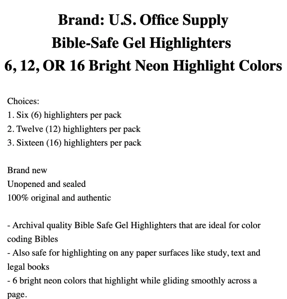 U.S. Office Supply Bible Safe Gel Highlighters - 6 Bright Neon Highlight Colors - Won't Bleed, Fade or Smear - Study Guide