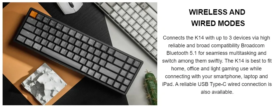 Keychron K14 70% Layout 72-Key Hot-Swappable Bluetooth Wireless USB Wired Mechanical Keyboard with Gateron G Pro Red Switch Multitasking RGB Backlight