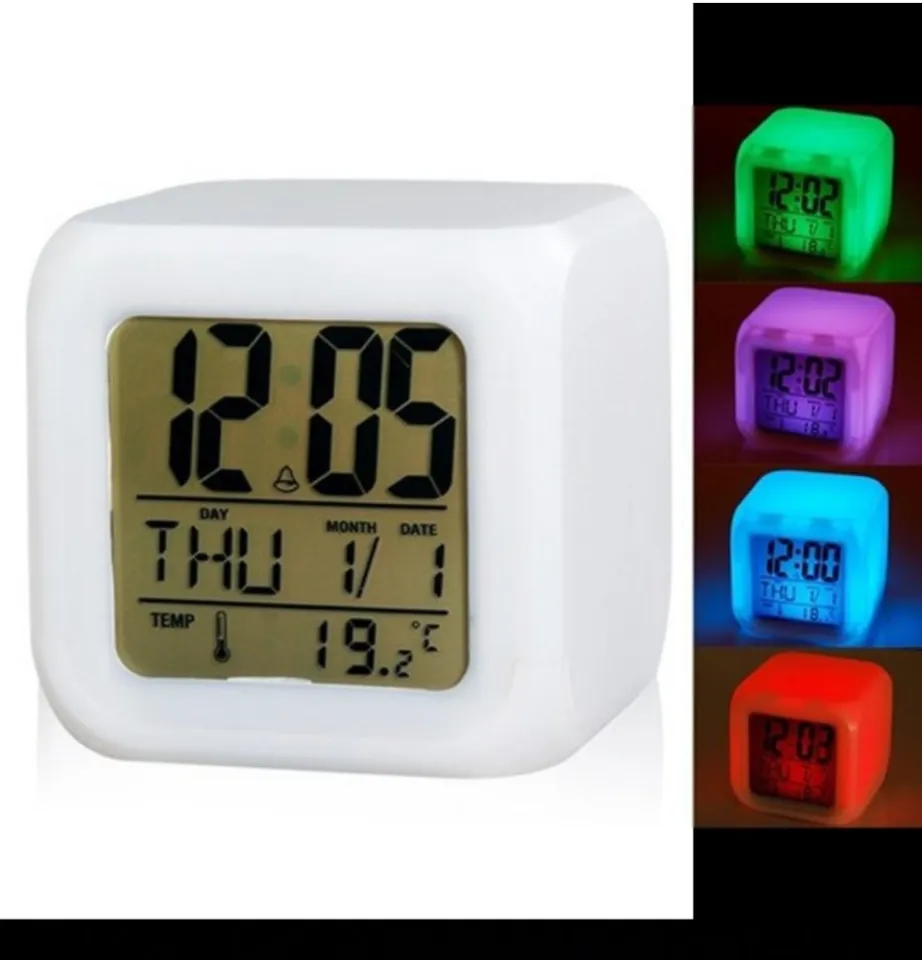 Digital Alarm Thermometer Night Glowing Cube 7 Colors Clock LED Change LCD  for Bedroom Children Alarm