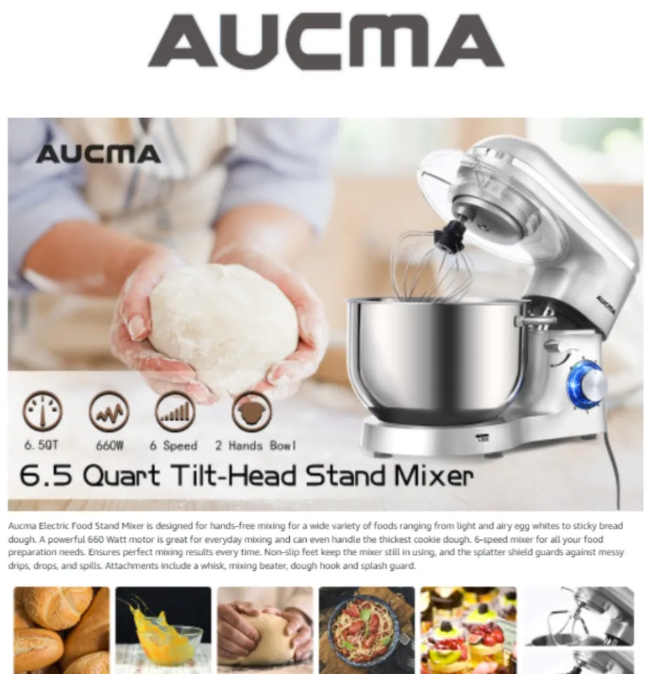 Aucma Stand Mixer,6.5-QT 660W 6-Speed Tilt-Head Food Mixer, Kitchen  Electric Mixer with Dough Hook, Wire Whip & Beater (6.5QT, Royal Blue)