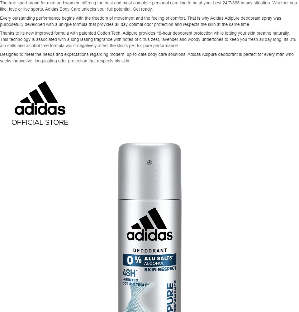 Guante servilleta histórico Adidas Adipure Pure Performance Deodorant Spray for Him 150ml | Lazada