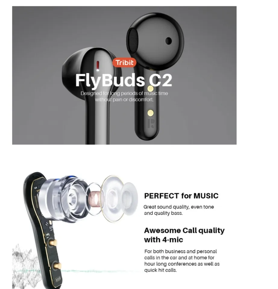 Tribit FlyBuds C2 Bluetooth 5.2 Earphones Qualcomm QCC3040, 4 Mics