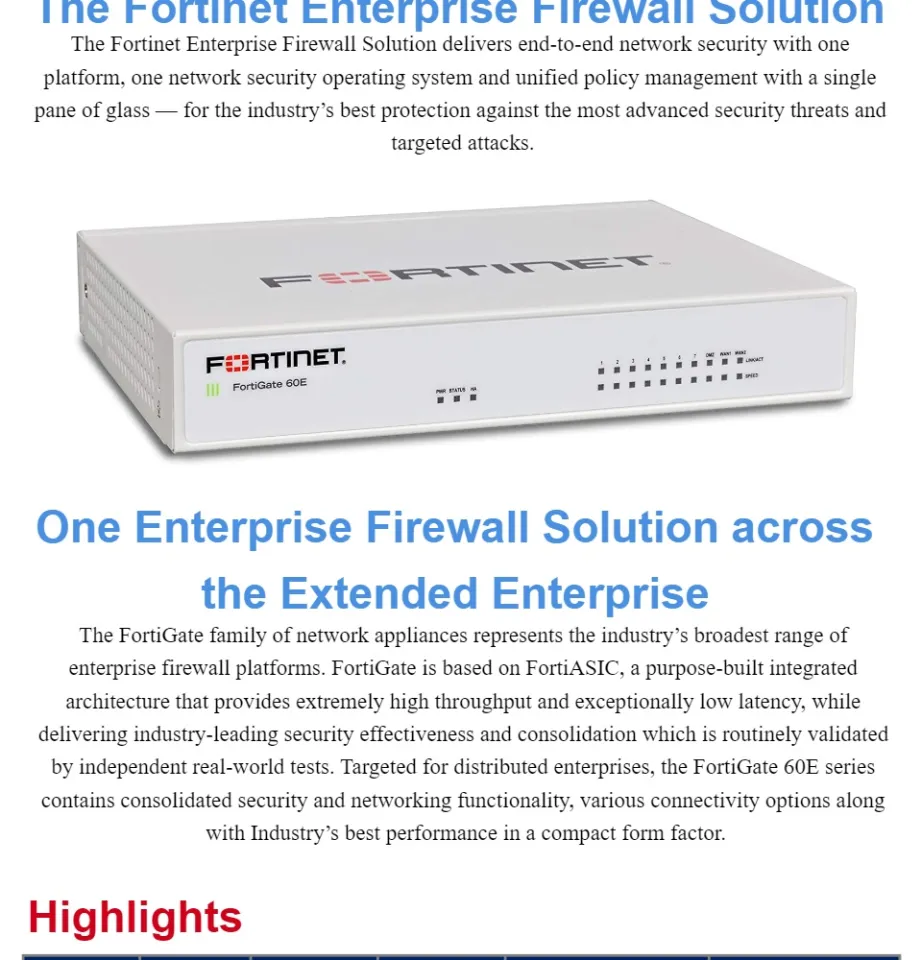 FG-60E - Fortinet NGFW Entry-level Series FortiGate 60E 10 x GE