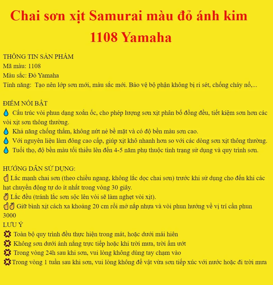 Sơn xịt đỏ Yamaha là sự lựa chọn tuyệt vời cho những người yêu thích xe đạp và xe máy. Sản phẩm này giúp trang trí, bảo vệ và nổi bật xe của bạn. Hãy xem hình ảnh để thấy sự phong cách, cá tính và năng động của loại sơn xịt này.