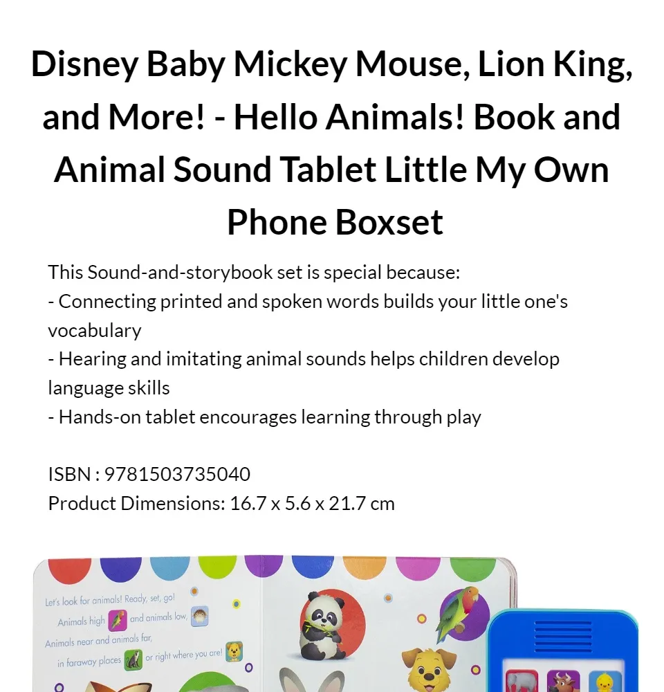 Disney Baby Mickey Mouse, Lion King, and More! - Hello Animals! Book and Animal Sound Tablet Little My Own Phone Boxset I For Toddler I Baby Book | Lazada Disney Baby Mickey Mouse, Lion King, and More! - Hello Animals! Book and Animal Sound Tablet Little My Own Phone Boxset I For Toddler I Baby Book | Lazada