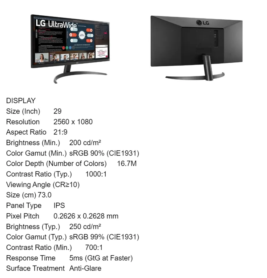 LG 29WP500-B 29in UltraWide FHD IPS 75Hz 2560x1080 1ms FreeSync