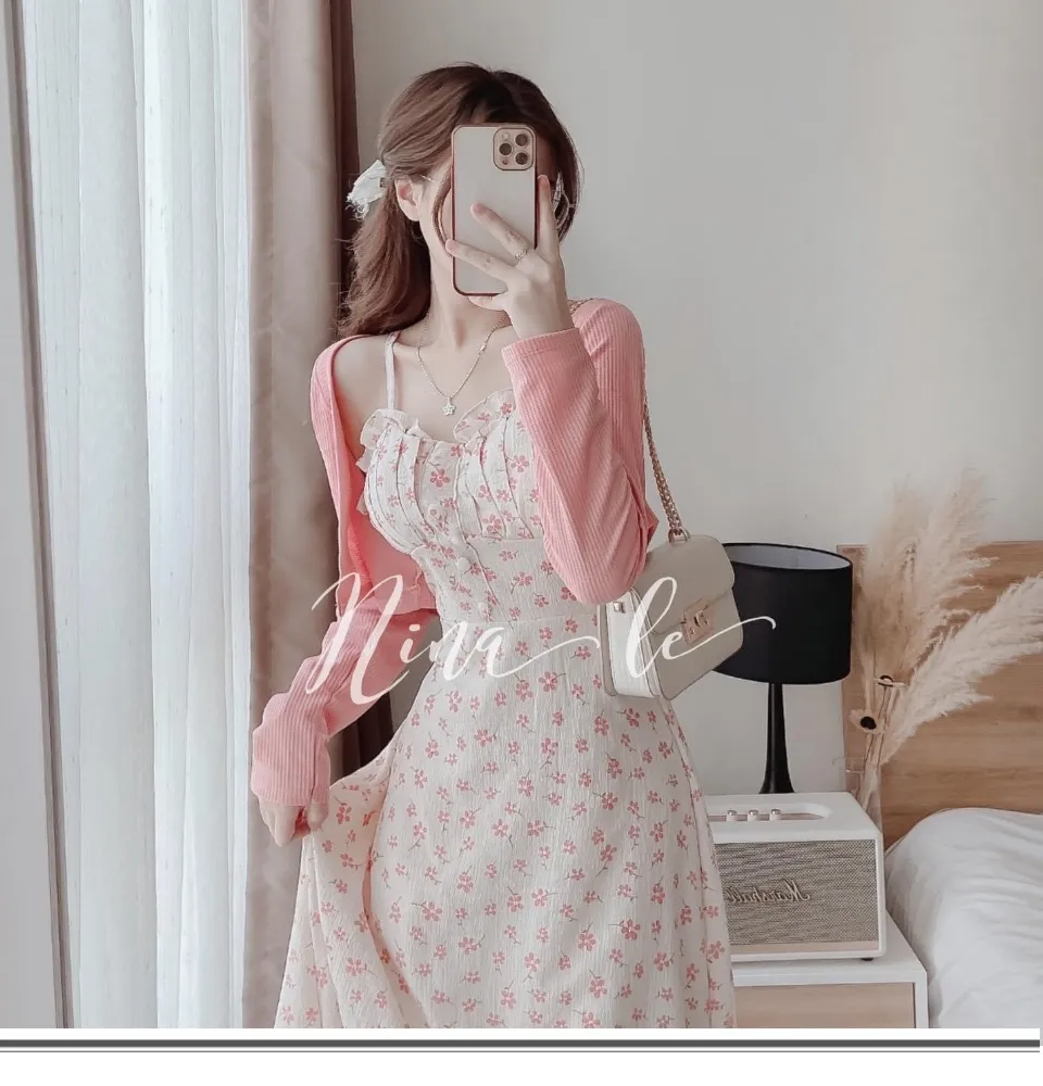 Đầm Hai Dây In Hoa Cổ Đổ Khoét Eo  Set Váy Hai Dây Cho Nữ Kèm Áo Cardigan  Mỏng Hàn Quốc Đi Tiệc Đi Biển   Hazomicom  Mua Sắm