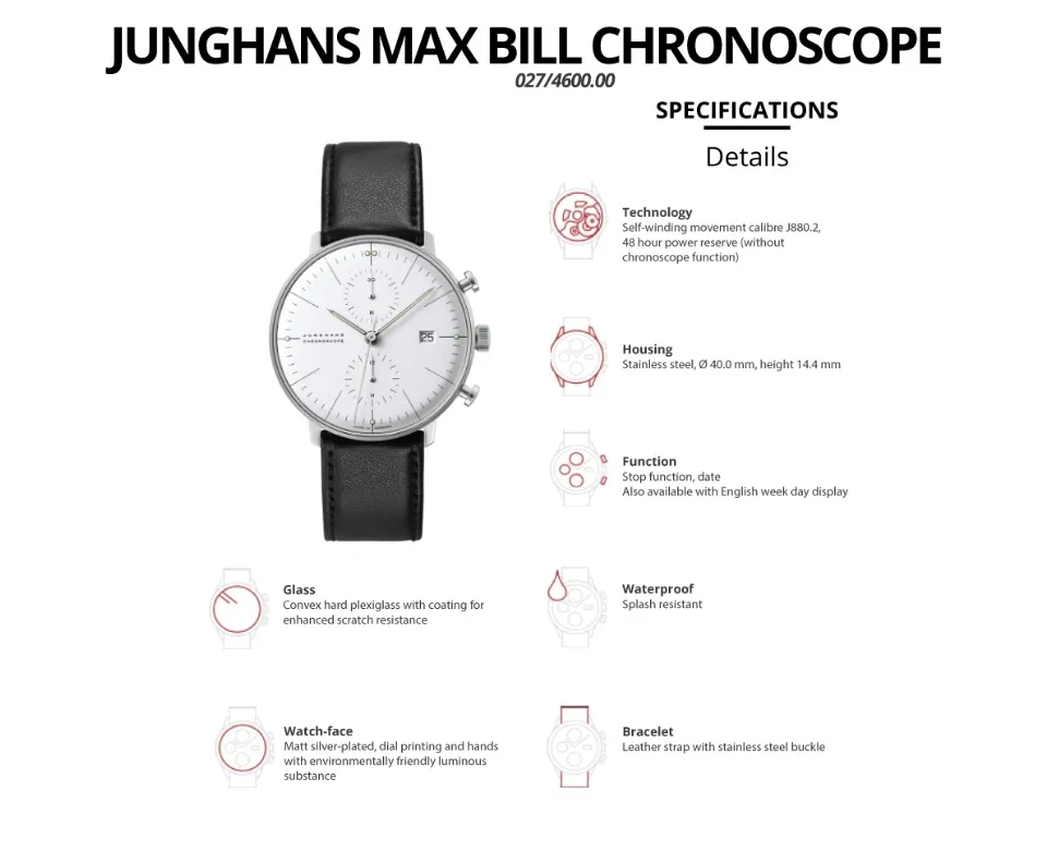 Junghans Max Bill Chronoscope 027 4600.00 Black Leather Strap